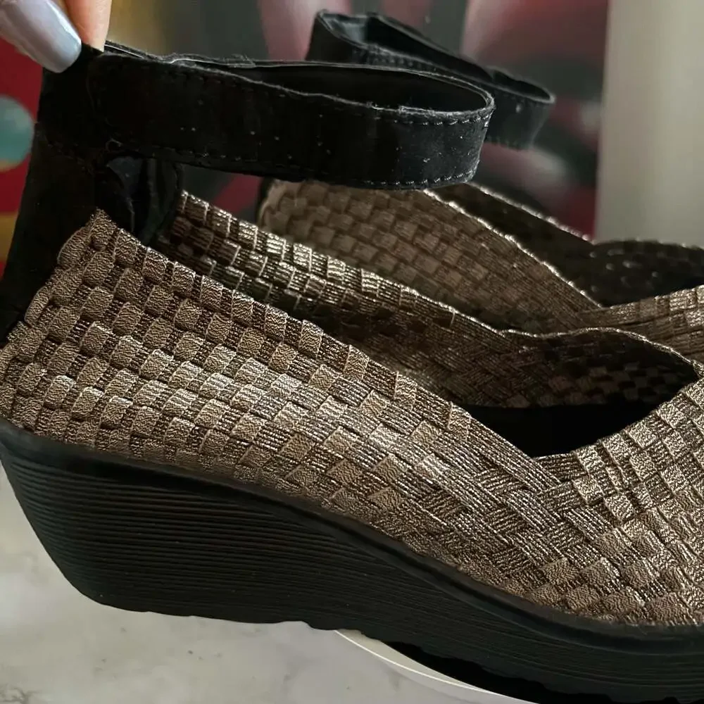 Serene Island Bronze Woven Elastic Wedge Sandals Size 9